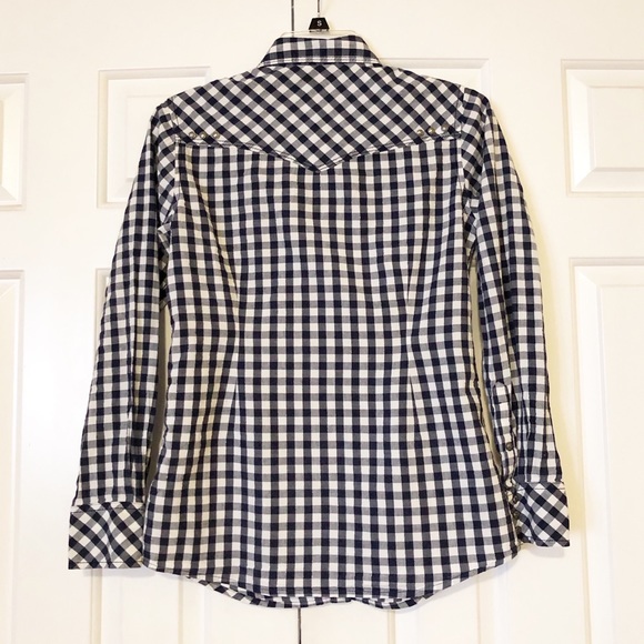 Ariat western style dark blue white checkered fitted long sleeve button fron top - Picture 3 of 16